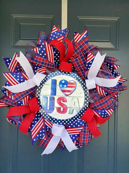 Patriotic Summer Welcome Wreath, Military Family Wreath, Americana Porch Decor, Veteran Gift, 4th of July Wreath