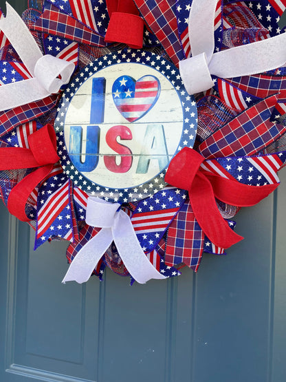 Patriotic Summer Welcome Wreath, Military Family Wreath, Americana Porch Decor, Veteran Gift, 4th of July Wreath