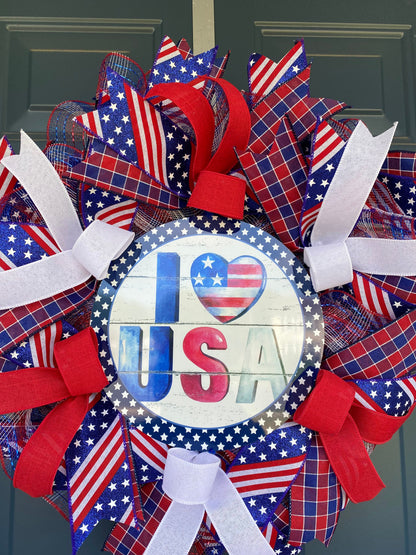 Patriotic Summer Welcome Wreath, Military Family Wreath, Americana Porch Decor, Veteran Gift, 4th of July Wreath