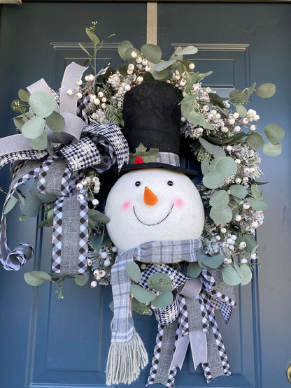 Snowman Winter Wreath for Front Door, XL Snowman Head Flocked wreath with Eucalyptus, Farmhouse Wreath for Interior, Snowy Decor