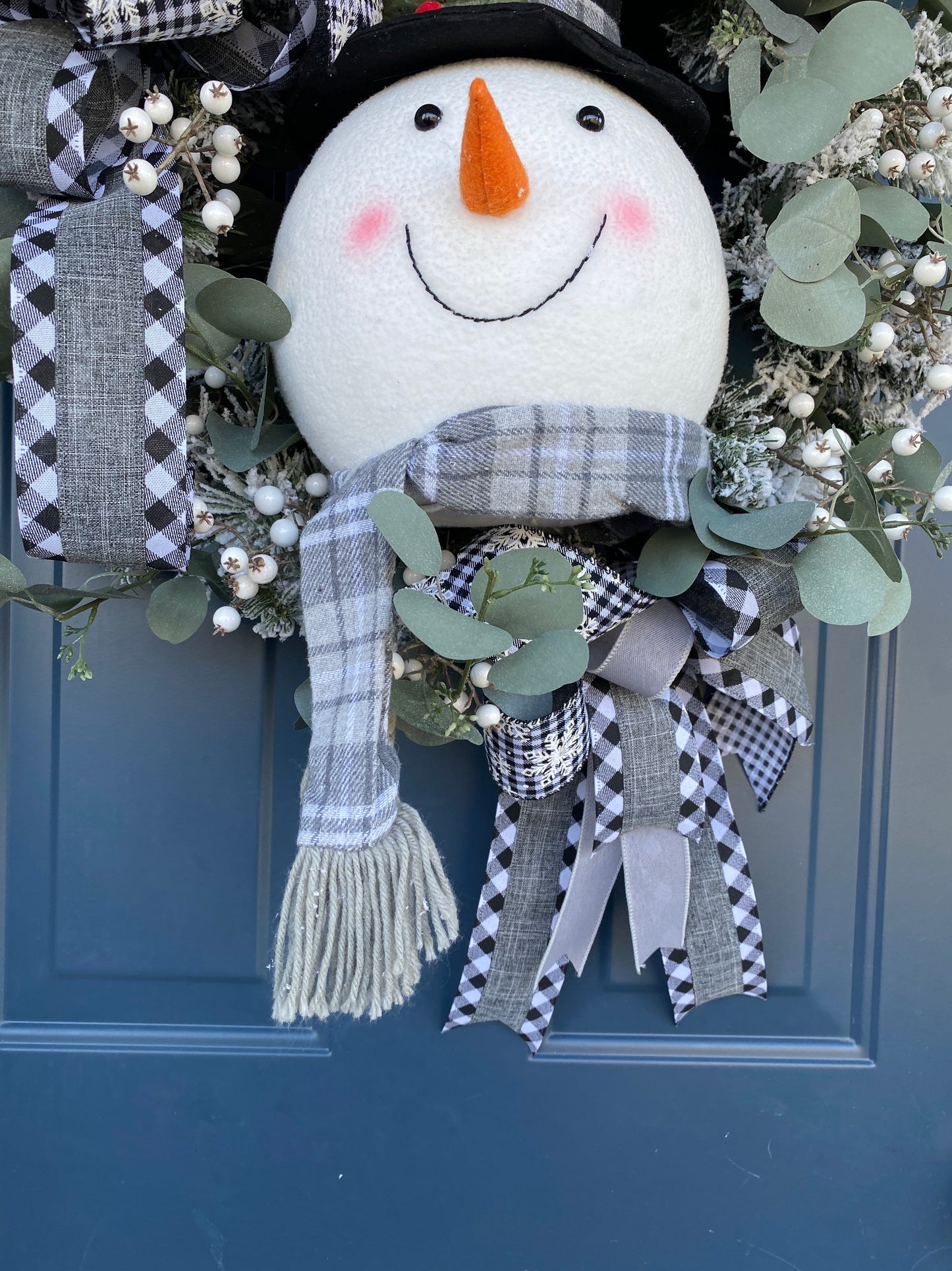 Snowman Winter Wreath for Front Door, XL Snowman Head Flocked wreath with Eucalyptus, Farmhouse Wreath for Interior, Snowy Decor